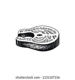 Vector illustration eps10 isolated on white background. Hand drawn retro icon, vintage ink engraving art. Black line drawing, red fish roast steak. Salmon tuna fillet meat piece seafood,  food symbol