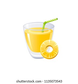 Vector illustration eps10, isolated on white background. Realistic food drink symbol, 3d fresh pineapple juice glass, ananas slice healthy organic product. Cartoon cute breakfast icon. Retro flat sign