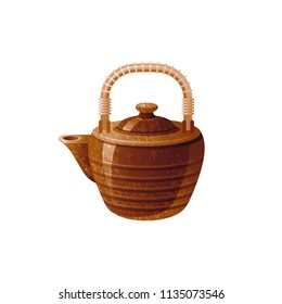 Vector illustration eps10, isolated on white background. Realistic food drink symbol, 3d asian brown ceramic tea pot, grunge texture. Cartoon cute icon. Retro drinking oriental tea ceremony flat sign