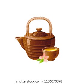 Vector illustration eps10, isolated on white background. Realistic food drink symbol, 3d asian brown ceramic tea pot, grunge texture. Cartoon cute icon. Retro drinking oriental tea ceremony flat sign
