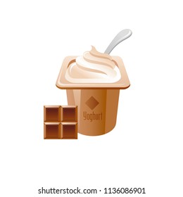 Vector illustration eps10, isolated on white background. Realistic food and drink symbol, 3d chocolate yoghurt cream dairy product, milk dessert, choco bar slice. Cartoon cute icon, flat sign