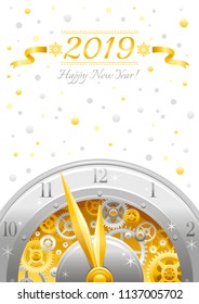 Vector illustration eps10 isolated on white background. Realistic 2019 Happy new year symbol, 3d vintage clock poster. Cartoon cute golden watch icon. Retro flat luxury holiday banner, flat frame sign