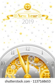 Vector illustration eps10 isolated on white background. Realistic 2019 Happy new year symbol, 3d vintage clock poster. Cartoon cute golden watch icon. Retro flat luxury holiday banner, flat frame sign