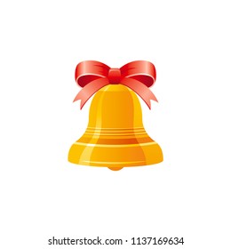 Vector illustration eps10 isolated on white background. Realistic  back to school symbol, 3d school golden bell, red bow emblem, education concept. Cartoon glossy jingle cute icon. Retro flat sign