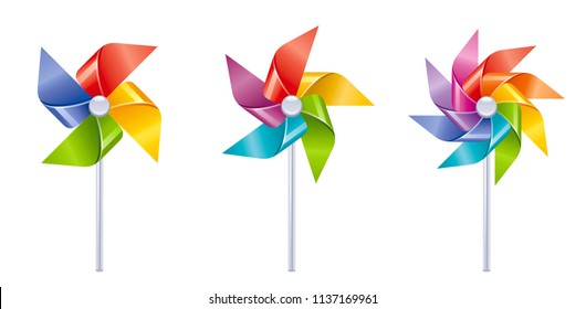 Vector illustration eps10 isolated on white background. Realistic vacation travel symbol, fun play toy concept, 3d rainbow color wind mill toy. Cartoon baby toy game, cute sea beach icon set flat sign
