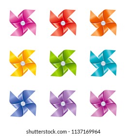 Vector illustration eps10, isolated on white background. Realistic vacation travel symbol, fun play toy concept, 3d rainbow color wind mill toy. Cartoon baby toy game, cute sea beach icon, flat sign