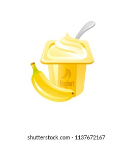 Vector illustration eps10 isolated on white background. Realistic food and drink symbol, 3d yellow banana yoghurt cream dairy product, milk dessert, exotic fruit. Cartoon cute icon, flat sign