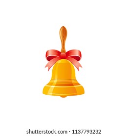 Vector illustration eps10 isolated on white background. Realistic  back to school symbol, 3d school golden bell, red bow emblem, education concept. Cartoon glossy jingle cute icon. Retro flat sign