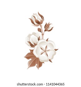Vector illustration eps10 isolated on white background. Realistic eco organic cotton nature plant symbol, 3d soft natural fabric material concept. Cartoon flower leaf cute icon. Retro flat cloth sign