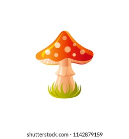 Vector illustration eps10 isolated on white background. Realistic autumn forest nature symbol, 3d red dot mushroom, fall concept. Cartoon fungus cute icon. Retro woodland flat sign