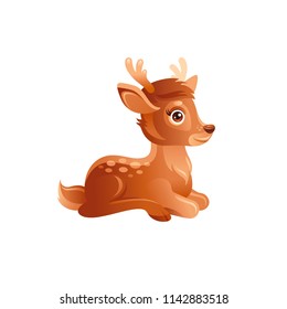 Vector illustration eps10 isolated on white background. Realistic autumn wildlife nature symbol, animal concept. 3d fall cheerful baby deer fawn. Cartoon cute forest character icon. Woodland flat sign