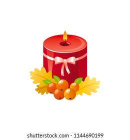 Vector illustration eps10 isolated on white background. Realistic autumn home interior decoration symbol, 3d wax candle, berry oak leaf fall holiday concept. Cartoon fedtive cute icon. Retro flat sign