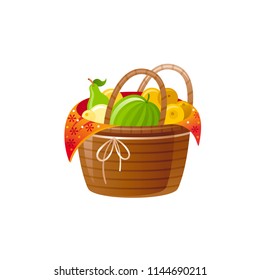 Vector illustration eps10 isolated on white background. Realistic autumn nature symbol, 3d fruit basket fall holiday concept. Cartoon farm harvest festival cute icon. Retro Thanksgiving day flat sign