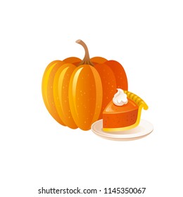 Vector illustration eps10 isolated on white background. Realistic autumn festive symbol, 3d pumpkin pie cream holiday concept. Cartoon farm harvest festival cute icon. Retro Thanksgiving day flat sign