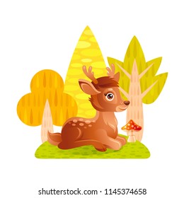 Vector illustration eps10 isolated on white background. Realistic autumn wildlife nature symbol, animal concept. 3d fall tree park fawn. Cartoon cute forest baby deer character icon. Woodland sign