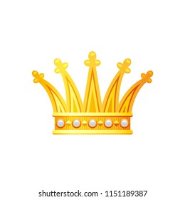Vector illustration eps10 isolated on white background. Realistic royal crown symbol, 3d vintage golden gem jewelry. Cartoon cute king queen prince princess icon. Retro flat luxury emblem, flat  sign