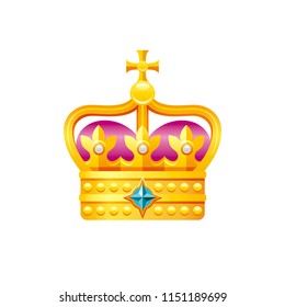 Vector illustration eps10 isolated on white background. Realistic royal crown symbol, 3d vintage golden gem jewelry. Cartoon cute king queen prince princess icon. Retro flat luxury emblem, flat  sign