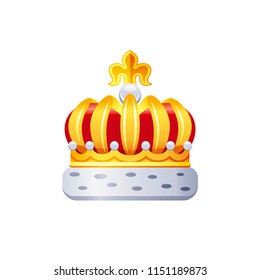 Vector illustration eps10 isolated on white background. Realistic royal crown symbol, 3d vintage golden gem jewelry. Cartoon cute king queen prince princess icon. Retro flat luxury emblem, flat  sign