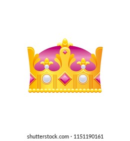 Vector illustration eps10 isolated on white background. Realistic royal crown symbol, 3d vintage golden gem jewelry. Cartoon cute king queen prince princess icon. Retro flat luxury emblem, flat  sign
