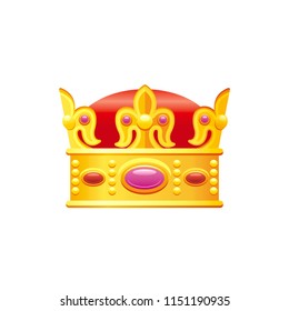 Vector illustration eps10 isolated on white background. Realistic royal crown symbol, 3d vintage golden gem jewelry. Cartoon cute king queen prince princess icon. Retro flat luxury emblem, flat  sign