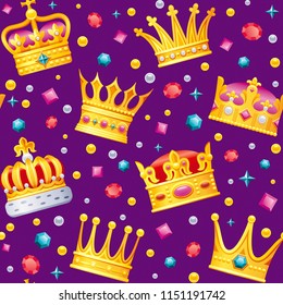 Vector illustration eps10 isolated on ultra violet background. Realistic gold gem crown symbol 3d colorful king queen prince. Cartoon cute icon set flat sign. Seamless pattern wallpaper textile print