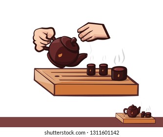 Vector illustration eps10, isolated on white background. Realistic food drink symbol, 3d asian brown ceramic tea pot, cups. Cartoon cute icon. Retro drinking oriental tea ceremony flat sign 