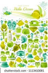 Vector illustration eps10, isolated white background. 3d realistic summer holidays travel poster template. Sea beach icon set, flat symbol. Green lime cartoon sunny tourism concept, vacation banner