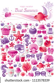 Vector illustration eps10, isolated white background. 3d realistic summer holidays travel poster template. Sea beach icon set, flat symbol. Pink ultraviolet cartoon tourism concept, vacation banner