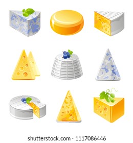 Vector illustration eps10, isolated white background. Realistic food icon set, flat symbol, 3d soft ricotta roquefort camember brie cheddar cheese, healthy dairy product. Cartoon organic diet sign