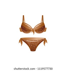 Vector illustration eps10 isolated white background. Realistic vacation travel symbol swimming wear fashion design 3d leopard sexy elegant woman bikini swimsuit. Cartoon cute sea beach icon, flat sign