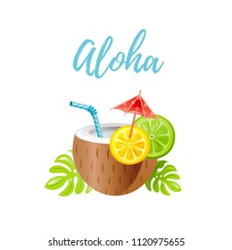 Vector illustration eps10 isolated white background. Realistic food/drink symbol, 3d alcohol coconut cocktail lime lemon straw. Cartoon cute Aloha hawaiian luau party ivitation, hawaii flat icon sign