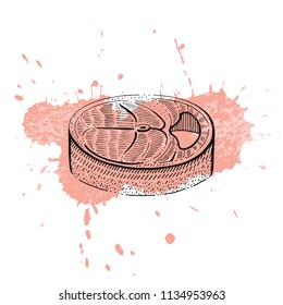 Vector illustration eps10 isolated white background. Hand drawn icon, vintage ink engraving art watercolor splash. Black line drawing, red fish roast steak. Salmon tuna fillet meat seafood food symbol
