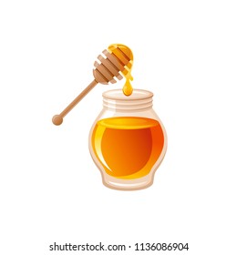 Vector illustration eps10 isolated white background. Realistic food drink symbol, 3d wooden spoon stick syrup, tasty honey glass jar, healthy organic bee product. Cute beekeeping icon. Retro flat sign