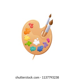 Vector illustration eps10 isolated white background. Realistic back to school symbol, 3d painter palette, oil acrylic watercolor colors, brushes, school education concept. Cartoon cute icon, flat sign