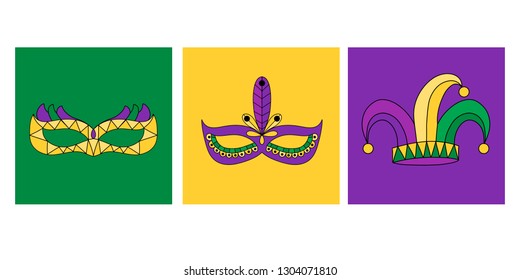 Vector  illustration eps10 for Mardi gras carnival poster, brochure, logo, greeting card, party invitation with fat tuesday masks with feathers in purple, gold, yellow, green colors. Set of masks.