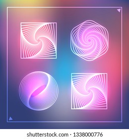 Vector illustration eps10 with mathematical geometric shapes - circle, square, hexagon made of rotated line art shapes. Elements on blurred gradient pink and blue background.