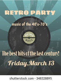 vector illustration EPS10. Retro Poster with rays and grunge effect. vinyl record. Retro Party