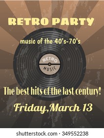 vector illustration EPS10. Retro Poster with rays and grunge effect. vinyl record. Retro Party