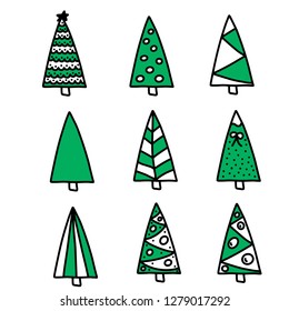 Vector Illustration EPS10. Set of christmas trees flat icons in cartoon style isolated on white background. Monochrome design for New year winter collection.
