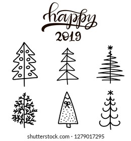 Vector Illustration EPS10. Set of christmas trees flat icons in cartoon style isolated on white background. Monochrome design for New year winter collection.