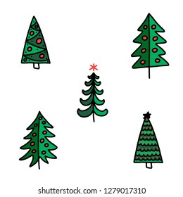 Vector Illustration EPS10. Set of christmas trees flat icons in cartoon style isolated on white background. Monochrome design for New year winter collection.