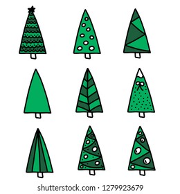 Vector Illustration EPS10. Set of christmas trees flat icons in cartoon style isolated on white background. Monochrome design for New year winter collection.