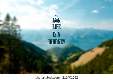 Vector illustration. EPS10. Summer travel label with train icon and with text "Life is a journey" on a background of blurred photo of view on lake, mountains and forest.