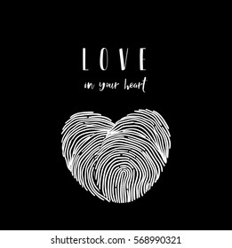  Vector illustration EPS10. Vector Valentines day background with white hearts isolated on black. Backdrop for greeting card, Wedding Invitation ?ard. Fingerprint in heart shape