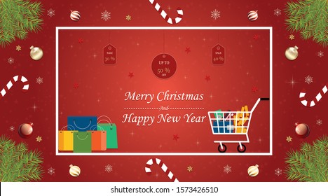 Vector illustration EPS10 of Winter sale banner with shopping bags and model miniature shopping cart on red background, Happy holiday sale