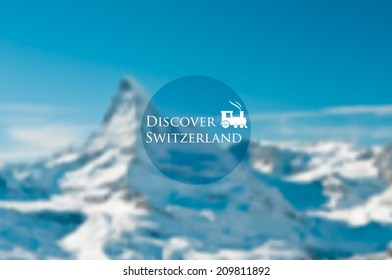 Vector illustration. EPS10. Winter travel label with train icon and with space for text on a background of blurred photo of view on Matterhorn, Switzerland