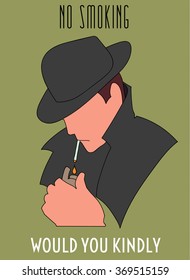 Vector illustration EPS10.Blue  Retro Poster(smoking man in a coat and hat) and inscriptions: no smoking,would you kindly.
