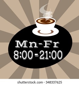 vector illustration EPS10.Retro cafe.operating time.retro rays background. coffee