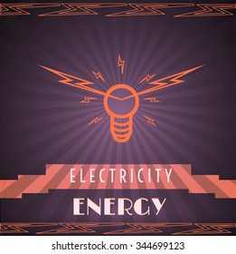vector illustration EPS10.Retro Poster with rays and unique sign. Text: electricity,energy.(orange color)