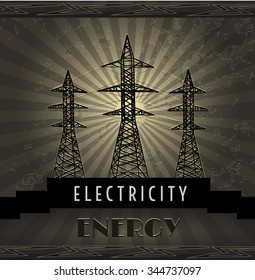 vector illustration EPS10.Retro Poster with rays,power lines. Text: electricity,energy.(the grunge effects are easy to clean). Gold color.